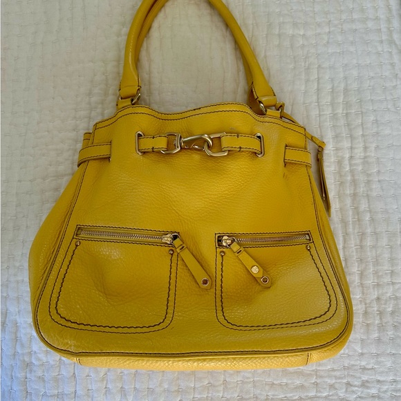Cole Haan handbag purse yellow w gold detailing soft pebbled leather - Picture 1 of 15